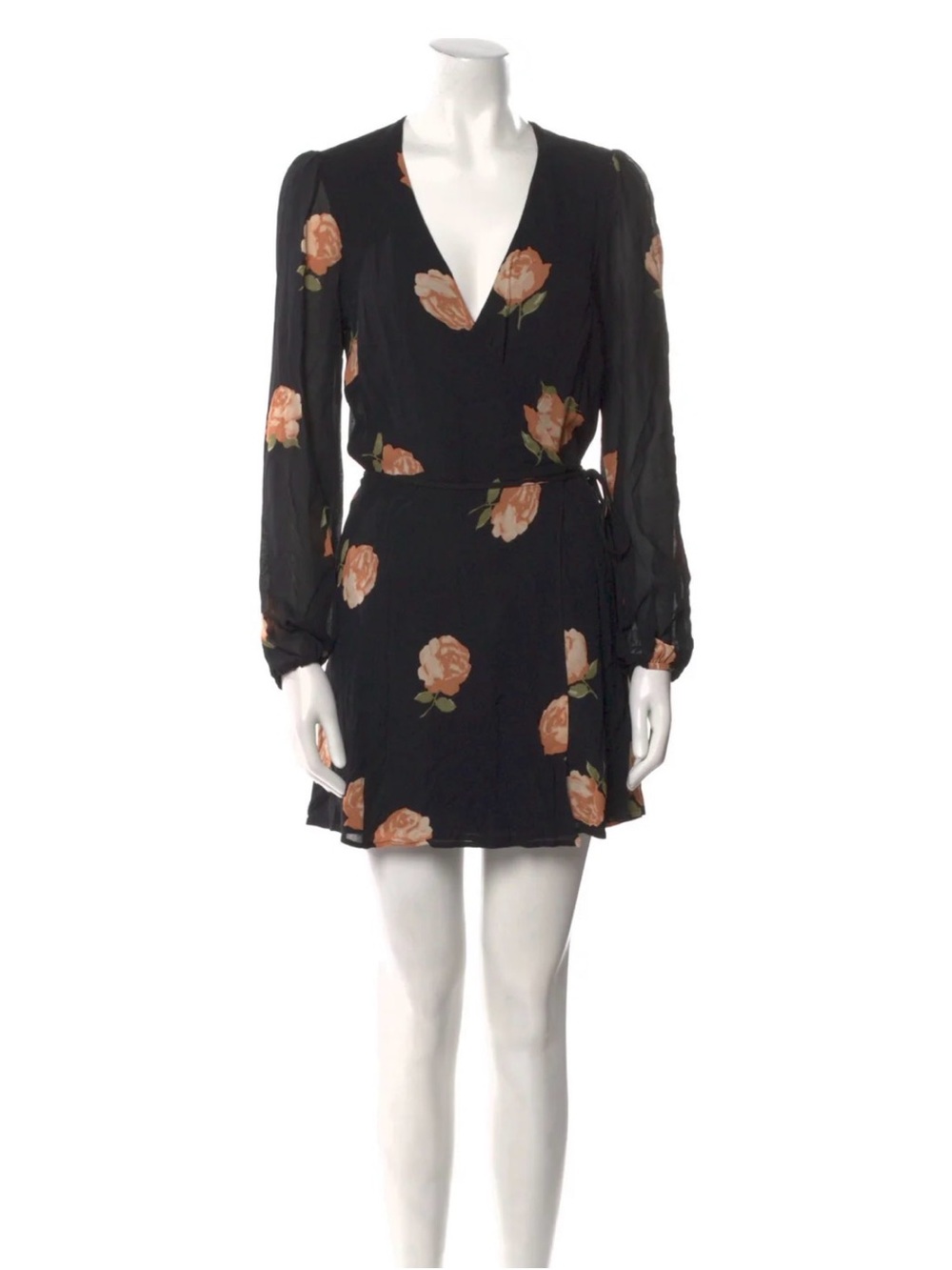 Reformation Black Floral Long-Sleeve Wrap Dress